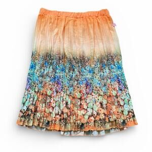 Metro Wear Orange Ombre Floral Pleated Elastic Waist Chiffon Midi Skirt